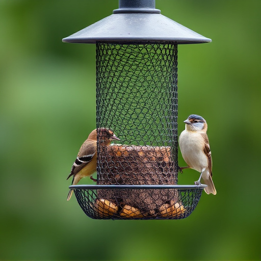 Metal mesh bird feeder with small birds