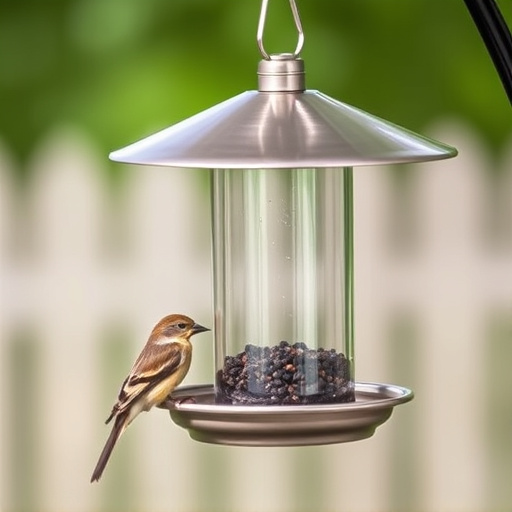 Metal squirrel-proof bird feeder hanging outdoors