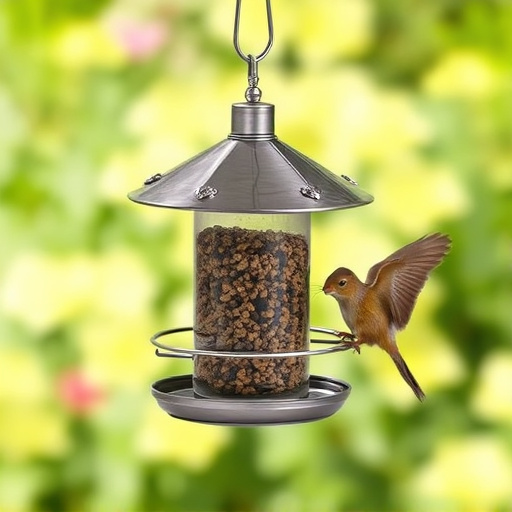 Metal squirrel-proof bird feeder hanging outdoors