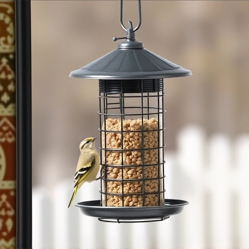 Metal squirrel-proof bird feeder hanging outdoors