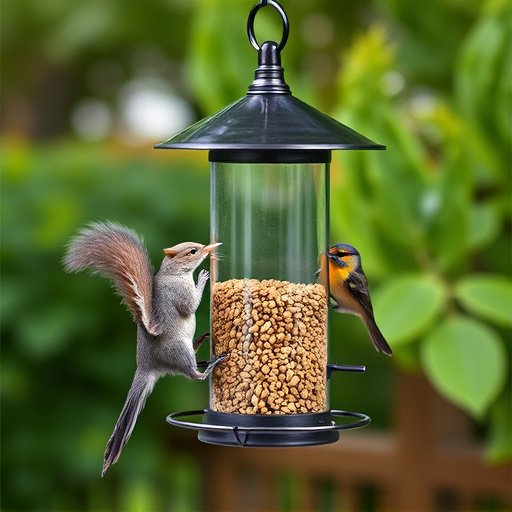 Metal squirrel-proof bird feeder hanging outdoors