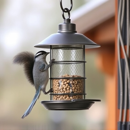 Metal squirrel-proof bird feeder hanging outdoors