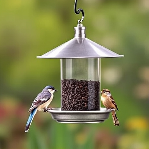 Metal squirrel-proof bird feeder hanging outdoors
