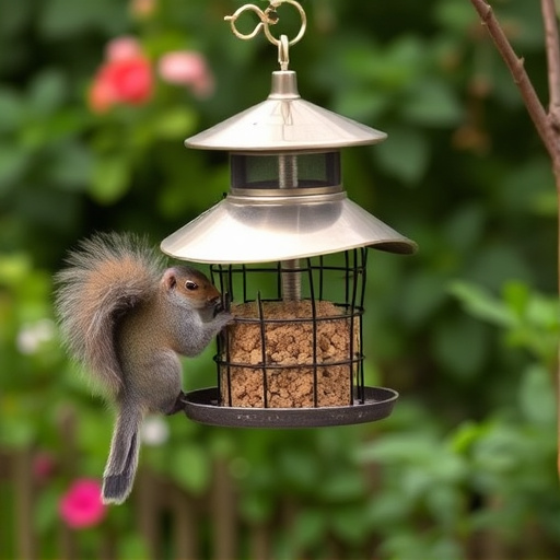 Metal squirrel-proof bird feeder in garden