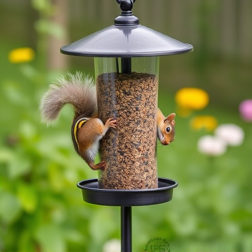 Metal squirrel-proof bird feeder in garden