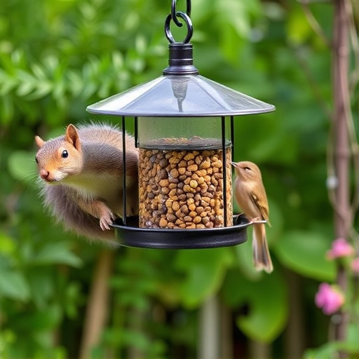 Metal squirrel-proof bird feeder in garden