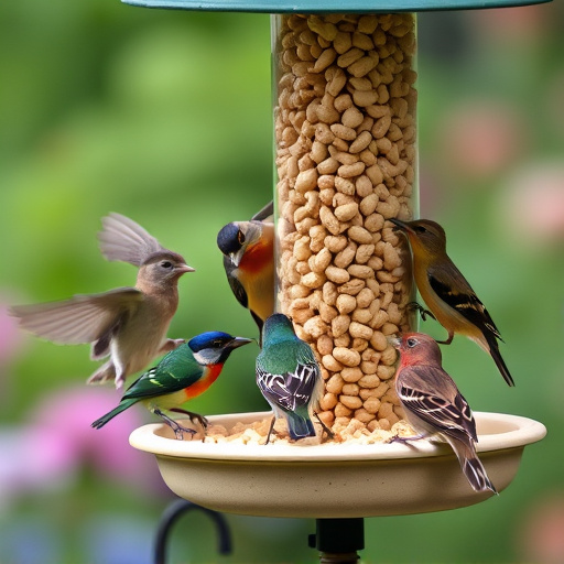 Mixed garden birds eating from peanut feeder