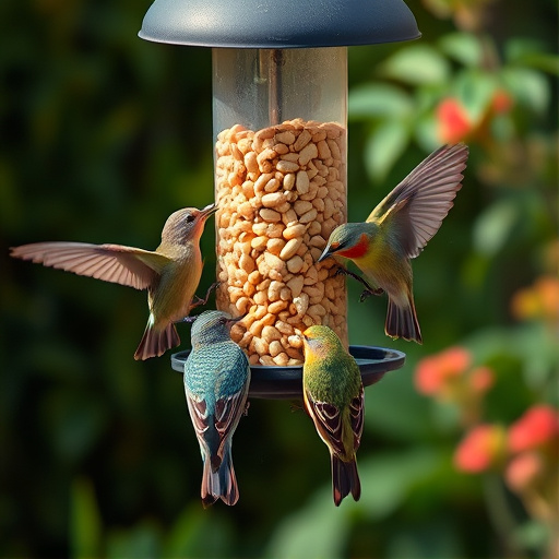 Mixed garden birds eating from peanut feeder