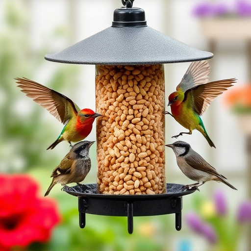 Mixed garden birds eating from peanut feeder