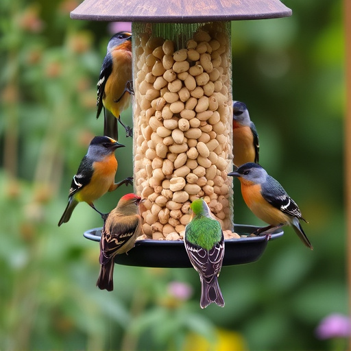 Mixed garden birds eating from peanut feeder