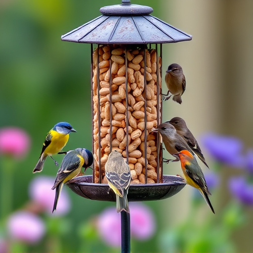 Mixed garden birds eating from peanut feeder