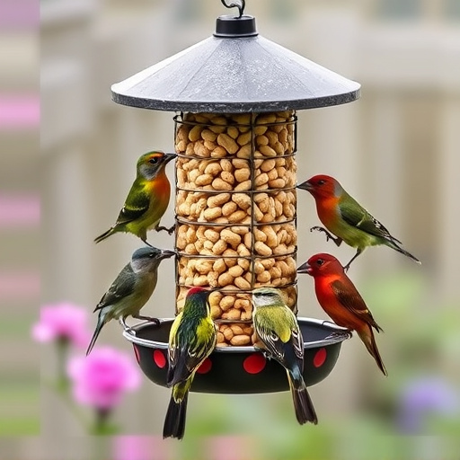 Mixed garden birds eating from peanut feeder