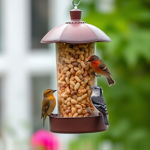 Mixed garden birds eating from peanut feeder