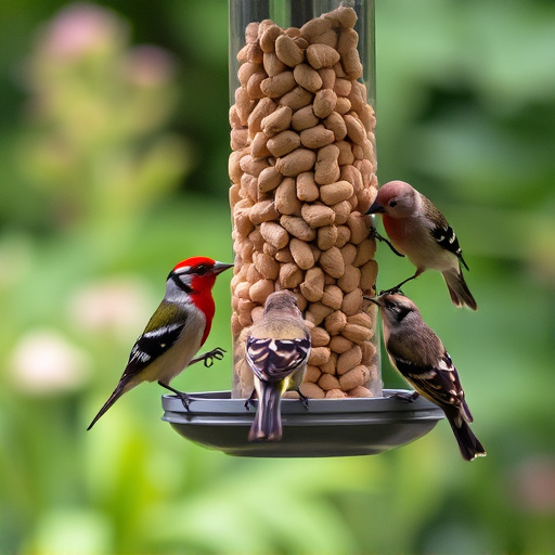 Mixed garden birds eating from peanut feeder