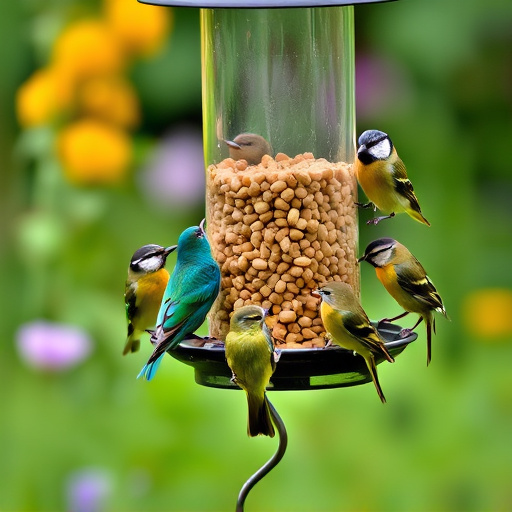 Mixed garden birds eating from peanut feeder