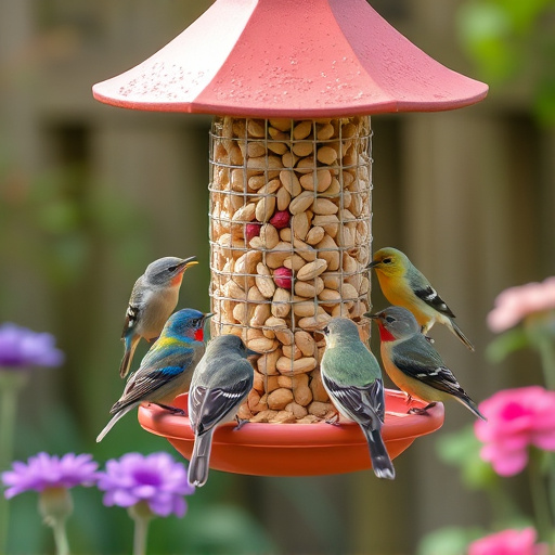 Mixed garden birds eating from peanut feeder
