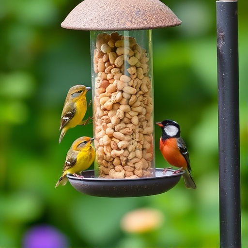 Mixed garden birds eating from peanut feeder