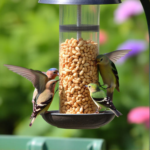 Mixed garden birds eating from peanut feeder