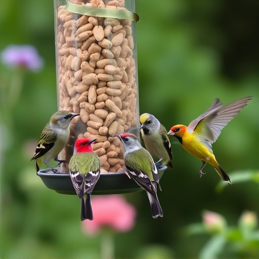 Mixed garden birds eating from peanut feeder