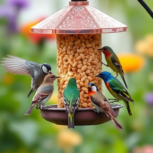 Mixed garden birds eating from peanut feeder