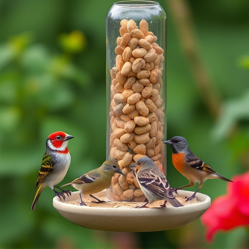 Mixed garden birds eating from peanut feeder