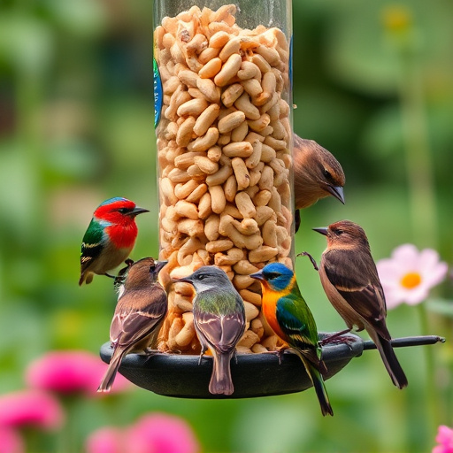 Mixed garden birds eating from peanut feeder