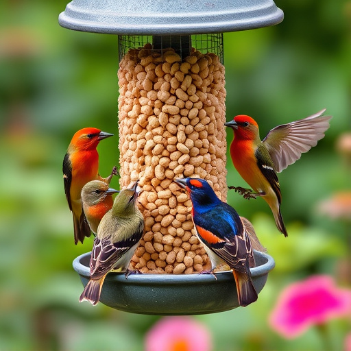 Mixed garden birds eating from peanut feeder