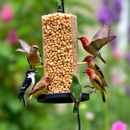 Mixed garden birds eating from peanut feeder
