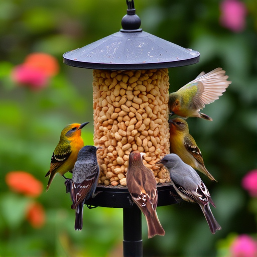 Mixed garden birds eating from peanut feeder