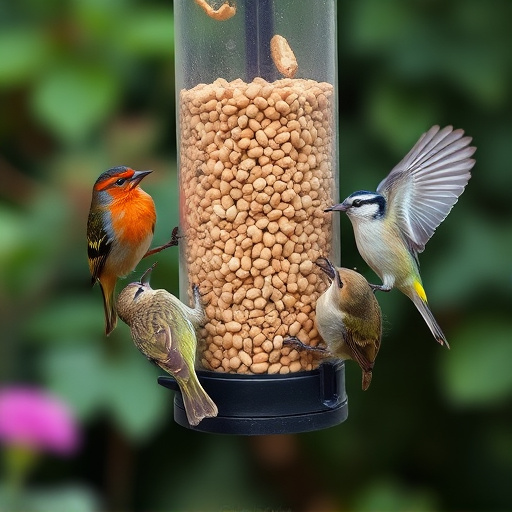 Mixed garden birds eating from peanut feeder