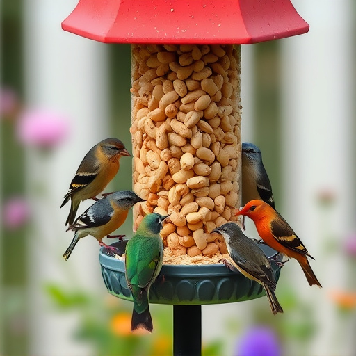 Mixed garden birds eating from peanut feeder