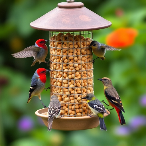 Mixed garden birds eating from peanut feeder