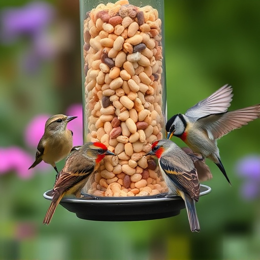 Mixed garden birds eating from peanut feeder