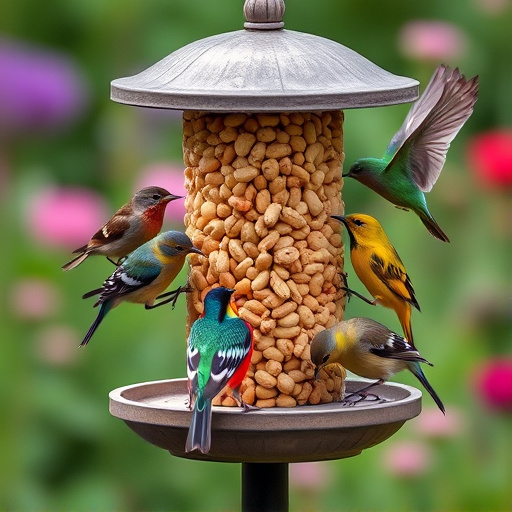 Mixed garden birds eating from peanut feeder