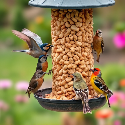 Mixed garden birds eating from peanut feeder