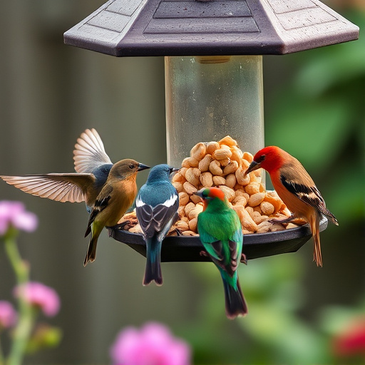 Mixed garden birds eating from peanut feeder