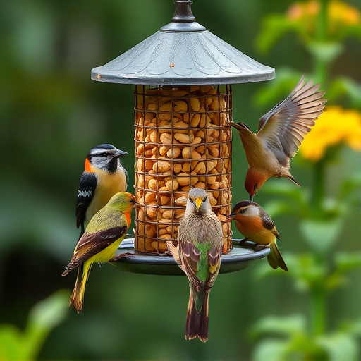 Mixed garden birds eating from peanut feeder