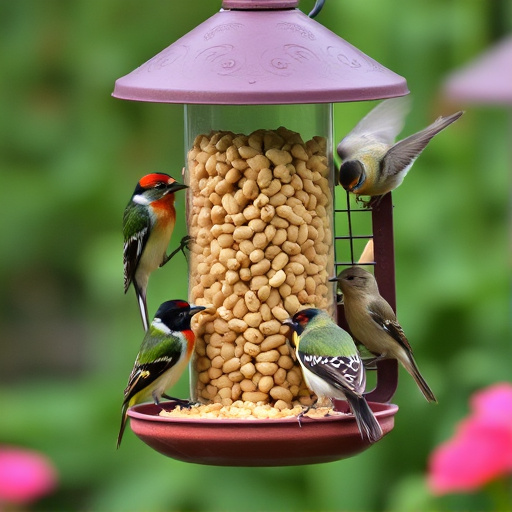 Mixed garden birds eating from peanut feeder