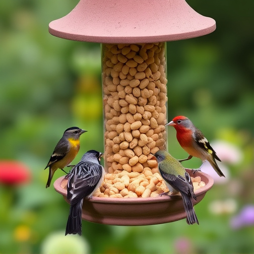 Mixed garden birds eating from peanut feeder