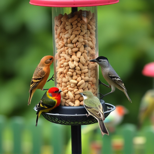 Mixed garden birds eating from peanut feeder