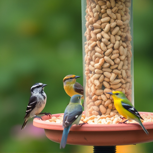 Mixed garden birds eating from peanut feeder