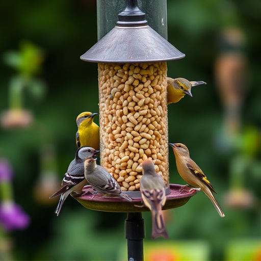 Mixed garden birds eating from peanut feeder