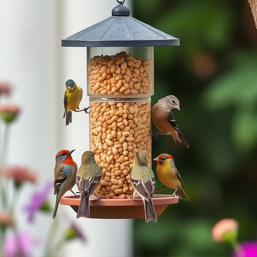 Mixed garden birds eating from peanut feeder