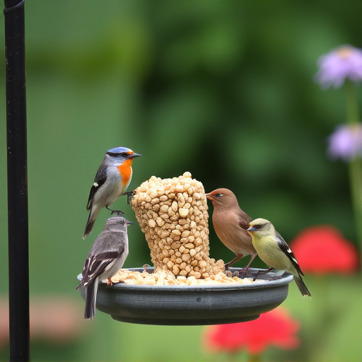 Mixed garden birds eating from peanut feeder
