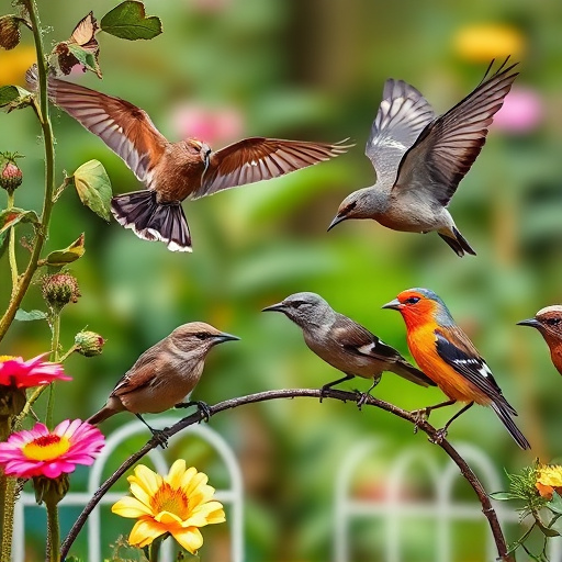 Mixed garden birds feeding together