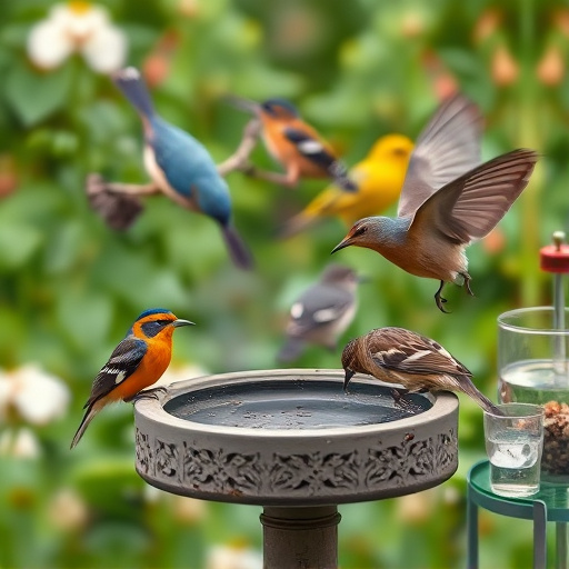 Mixed garden birds feeding together
