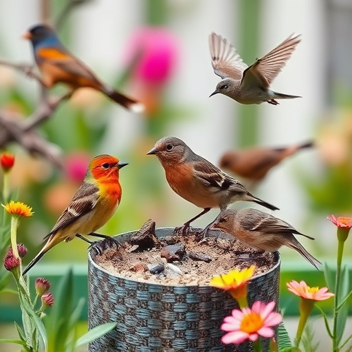 Mixed garden birds feeding together