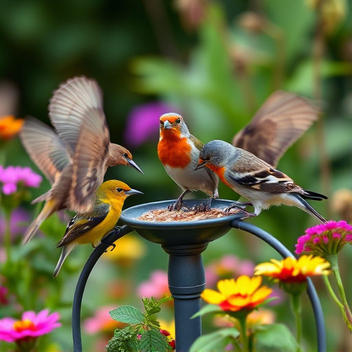 Mixed garden birds feeding together