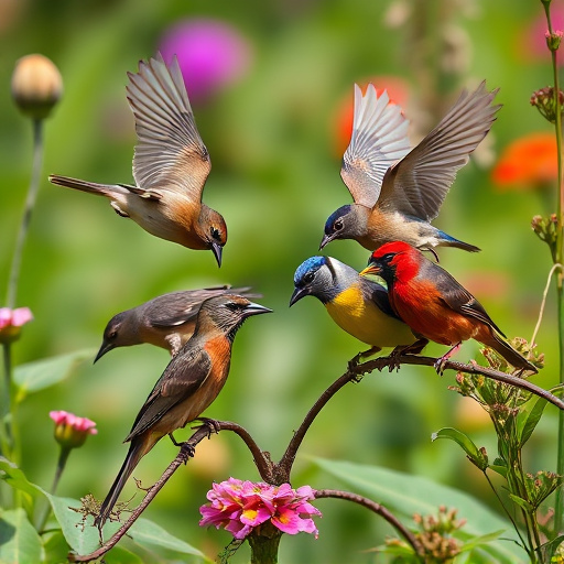 Mixed garden birds feeding together