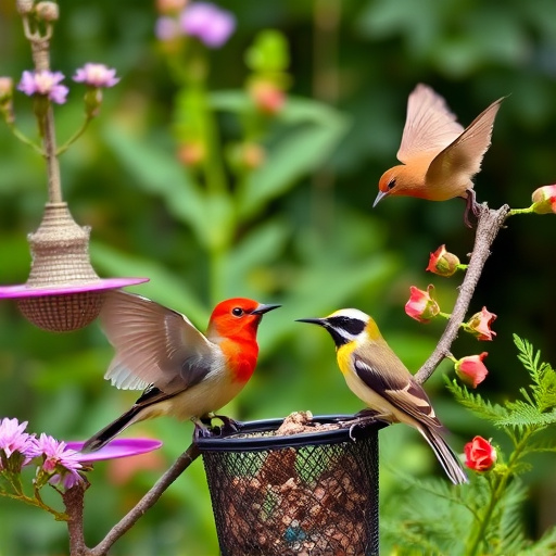 Mixed garden birds feeding together